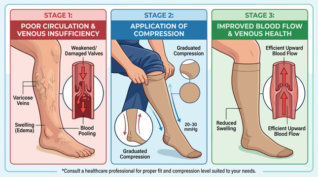Vector illustration of medical stages showing venous insufficiency, application of compression socks, and improved blood circulation in human legs. Concept of vascular health treatment