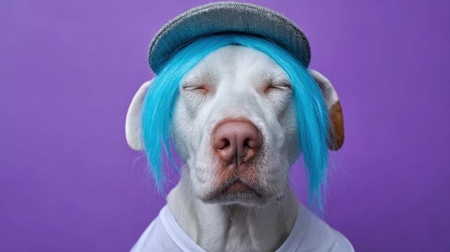 White dog with blue wig and cap against purple background