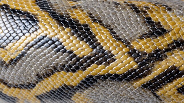 Close-up of python snake skin texture with yellow and black pattern