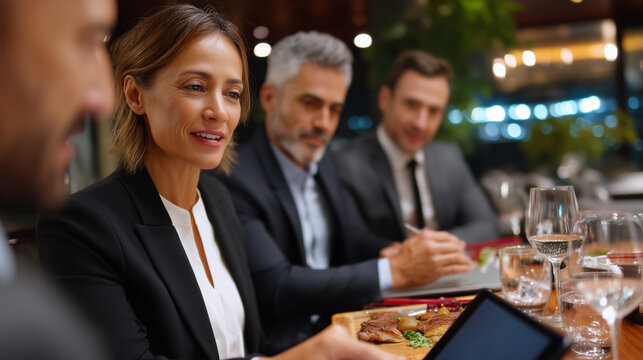 Angel syndicate meeting in upscale restaurant private room, group of investors discussing potential startup deal over dinner, term sheet drafts being reviewed on tablets, perfect f
