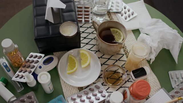 Top view of table with scattered medicines, pharmaceutic pills, box of tissues, slices of lemon, cup of hot tea with honey, thermometer, oximeter, at home of sick person recovering from flu