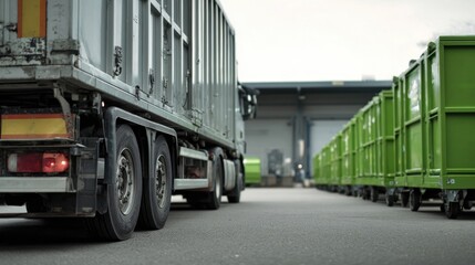 Naklejka premium Industrial waste management recycling truck with green containers at collection depot for environmental sustainability background and logistics design poster