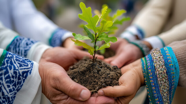 Muslim, Jewish, and Christian faith leaders planting oak sapling together for Earth Day, soil on hands, ceremonial scarves visible, unity through environmental action, ideal for in