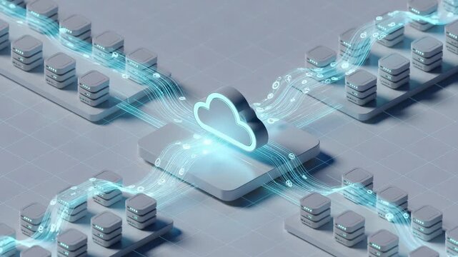 Cloud platform icon linking multiple server stacks in clean futuristic style on soft grid background, concept of data transfer and storage
