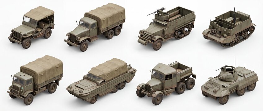 Assortment of classic World War II military vehicles, including iconic jeeps, cargo trucks, half-tracks, and amphibious transports, rendered in detail. Generative AI.