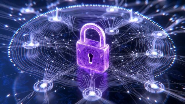 A glowing lock floating among luminous data nodes in a digital style on a dark tech background, representing cybersecurity and protection