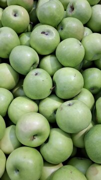 Fresh green apples, Granny Smith or Simirenko variety. Vibrant color, smooth skin. Healthy eating and diet. Many organic fruits at local market. Crisp juicy apples. Natural freshness, autumn harvest