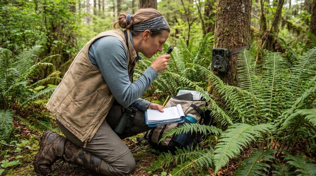 Female wildlife biologist using magnifying glass and checking trail camera in dense green forest