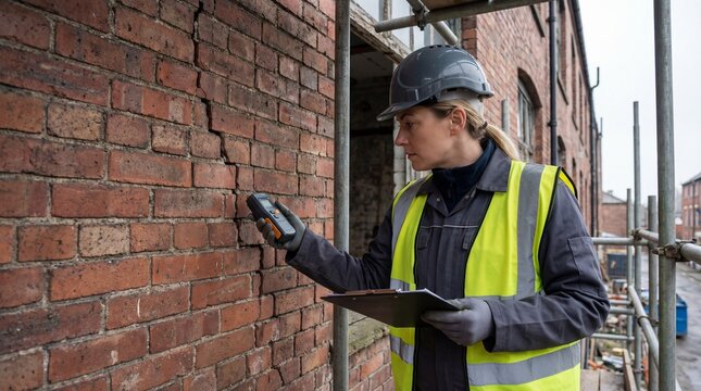 Female structural engineer in hard hat using moisture meter on cracked brick wall at construction site