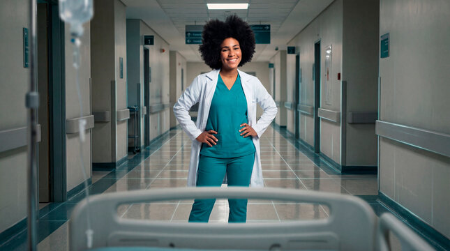Authoritative healthcare leader standing in hospital corridor
