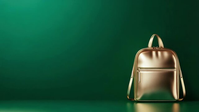 Shiny golden backpack on green background for luxury design, fashion concept. Elegant schoolbag or shoulder bag, shiny gold for shopping bag mockup template, modern style
