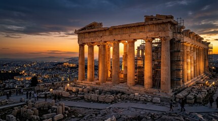 Obraz premium The Parthenon temple atop the Acropolis of Athens photographed at the golden hour, ancient Doric columns glowing warm amber against a rich twilight sky, intricate frieze carvings still visible in the
