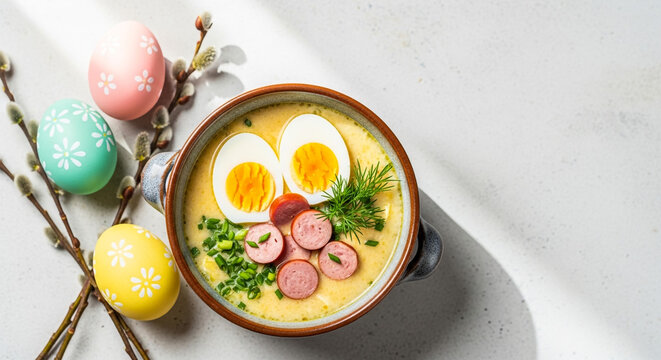 A traditional Polish Easter Zurek soup with sausage, hard-boiled eggs, and fresh herbs, served alongside painted Easter eggs and pussy willows.