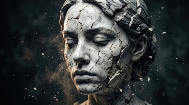 A haunting artistic portrait of a young woman's face appearing to be composed of or fragmenting into crumbling marble or plaster, deep cracks radiating from the cheekbones and forehead as if the
