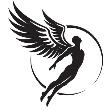 Mythological winged man silhouette vector, flying angel figure in circular frame, black and white muscular male deity icon for logo design