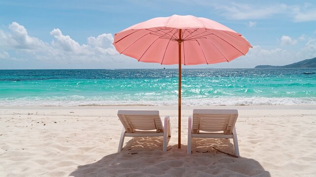 Beach Scene With Pink Umbrella and Lounge Chairs Near Ocean on Sunny Day