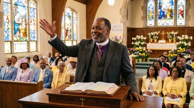 Smiling African American pastor delivering sermon to congregation in church