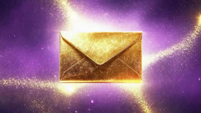 Golden sparkling envelope against a vibrant purple background