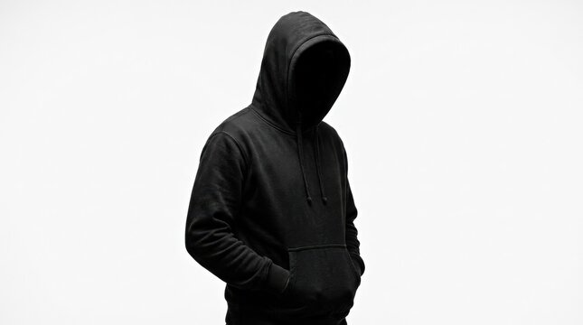 A menacing figure wearing a plain black hoodie photographed against a spotless white seamless studio background, the hood fully raised and the face cast in complete shadow, the subject's hands buried
