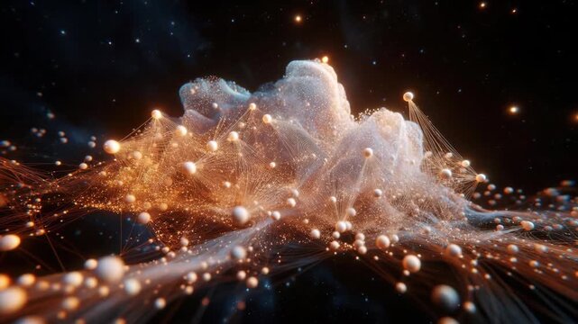 A glowing particle cloud with light strands shown in abstract style on dark background, concept of energy flow and cosmic connectivity
