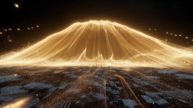 Glowing golden particle formation rising like a mountain on dark background, digital motion concept of data flow and energy shift