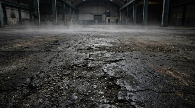A close-up ground-level view of a rough dark concrete floor surface, aged cement texture exhibiting weathered cracks, deep tonal variation between charcoal grey and near-black, patches of grime and
