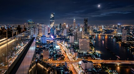 Obraz premium A Bangkok skyline illuminated at night with glowing city lights and reflective surfaces, cinematic urban photography style, shot on Sony A7RV with 24mm lens, f/5.6, 8K, hyper-detailed,