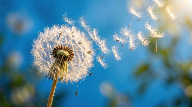 A single dandelion seed head caught in mid-blow in extreme macro detail, individual feathery achenes drifting away in a shaft of soft backlight against a vivid blue out-of-focus background, delicate