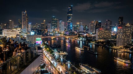 Fototapeta premium A Bangkok skyline at night illuminated with soft digital accents and glowing buildings, reflective surfaces enhancing depth, cinematic urban atmosphere, shot on Canon EOS R5 with 24mm lens, f/5.6, 8K,