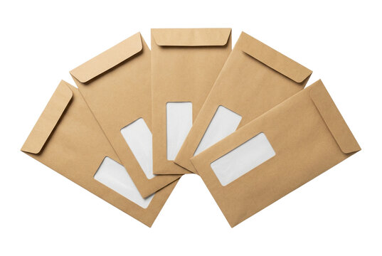 Fanned out brown kraft window envelopes for business mail. Isolated on transparent background, png