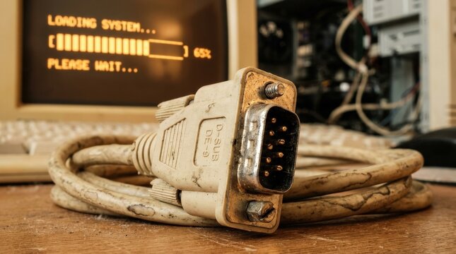 Macro close-up of a beige vintage DE-9 serial connector with nine gold-plated pins in their characteristic D-sub housing, attached retro beige PVC cable with moisture ring marks and storage creasing,