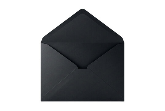 Open empty black paper envelope for elegant invitations. Isolated on transparent background, png