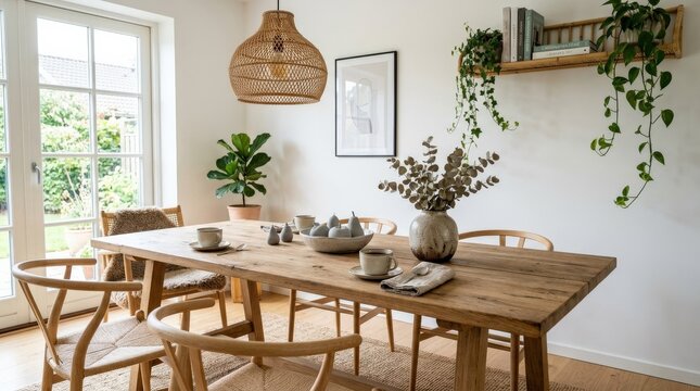 A Scandinavian dining room with a scrubbed-oak trestle table set with ceramic cups of coffee and bowls of cement-cast fruit sculptures, dried eucalyptus stems in a raku-glazed vase, a bamboo floating