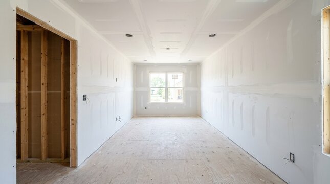 A freshly built residential interior with new drywall panels fully installed on walls and ceiling, smooth white gypsum board surfaces with taped and mudded seams awaiting paint, a partially framed