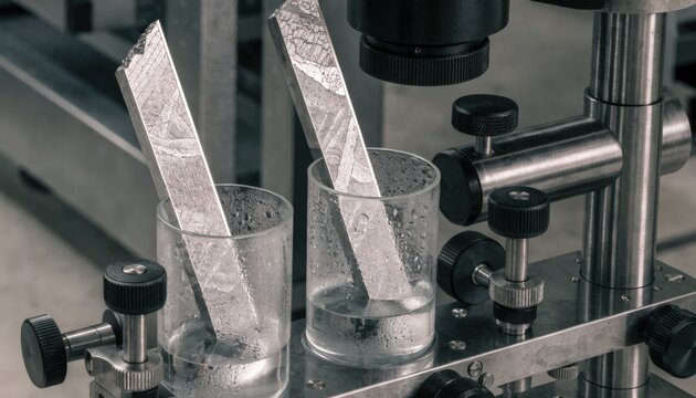 Medium shot of polished steel bars undergoing detailed microscopic metallographic analysis in a controlled laboratory setting.