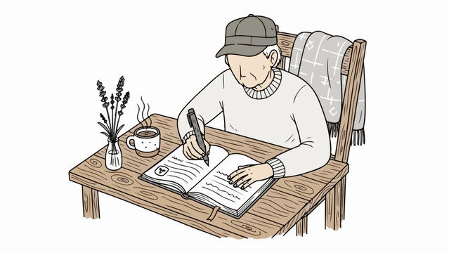 Elderly man writing in journal at wooden table with coffee and lavender. Senior lifestyle concept for journaling and reflection. Peaceful elderly man writing in diary for personal growth.