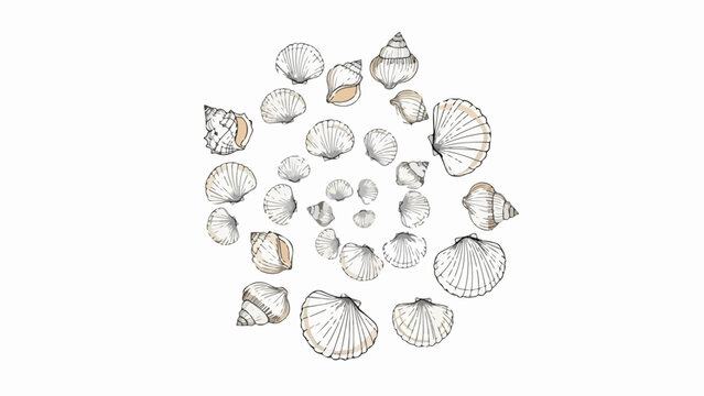 Seashell spiral vector illustration with various marine mollusk shells arranged in a Fibonacci sequence pattern, for ocean themes and natural science concepts.