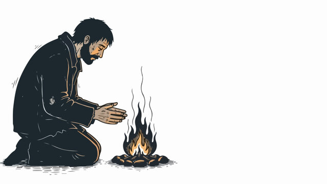 Man warming hands by small campfire, vector illustration. Man seeking warmth from fire, concept of survival and basic needs. Outdoor camping scene for adventure and resilience themes.