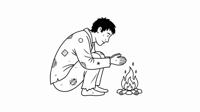 Man warming hands by small campfire vector illustration. Homeless person seeking warmth from tiny fire, symbolizing survival and basic needs. Concept vector art for social issues and resilience.