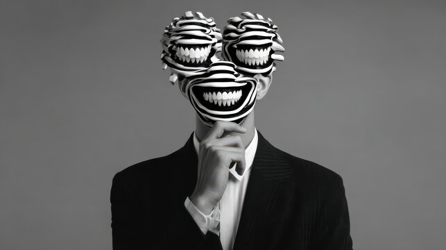 Surreal portrait of man wearing exaggerated smile mask and striped glasses, monochrome conceptual character with distorted grin, playful absurd identity theme with bold graphic illusion and expression