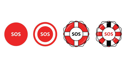 A series of red and white circular icons depicting a progression of a life preserver with sos © shakil