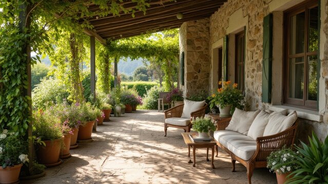 A shady patio with wicker chairs and potted plants under a grape vine trellis, overlooking a scenic valley.