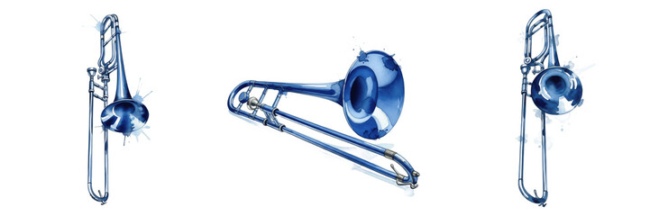 Obraz premium Blue Watercolor Trombone Brass Instrument PNG, Classical Music Illustration, Artistic Blue Jazz Instrument Clipart, Orchestra Brass Design Element, Creative Musician Graphic Art