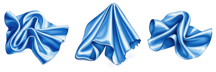Obraz premium Blue Satin Fabric Set with Realistic Silk Folds and Glossy Indigo Textile Drapes Isolated on White Background. 3D Decorative Cloth Illustrations for Fashion and Interior Design.