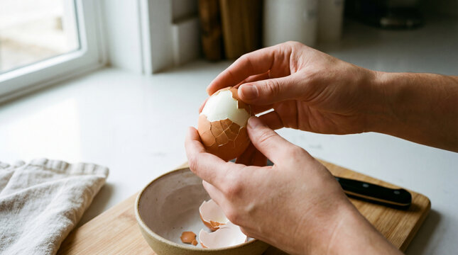 Close-up of hands peeling a hard-boiled egg. Soft natural side lighting, clean kitchen environment