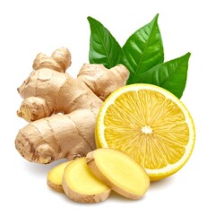 A vibrant still-life showcases fresh ingredients ginger root, lemon slices, and green leaves against a bright white background