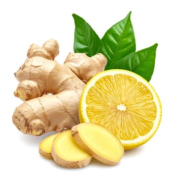 A vibrant still-life showcases fresh ingredients ginger root, lemon slices, and green leaves against a bright white background