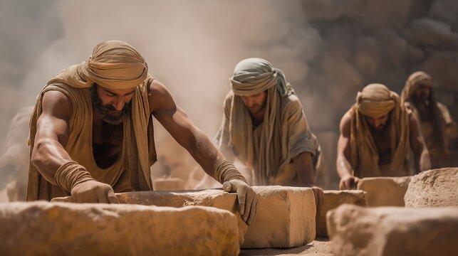 Hebrew slaves building store cities in Egypt under harsh oversight, a tense scene of oppression, labor, and endurance.