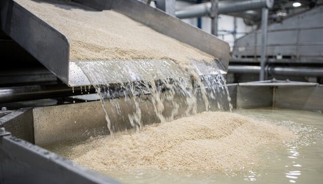 Medium shot of highpurity silica sand washing process showcasing clear water flow and sand separation for specialty glassgrade sand production.