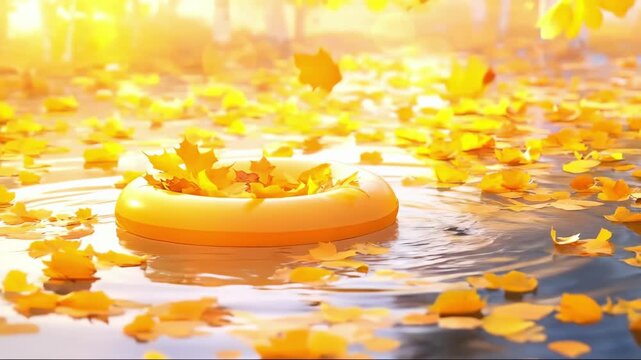 Yellow swimming ring filled with golden autumn leaves floating on rippled water surface. Fall season concept for tranquil nature background.